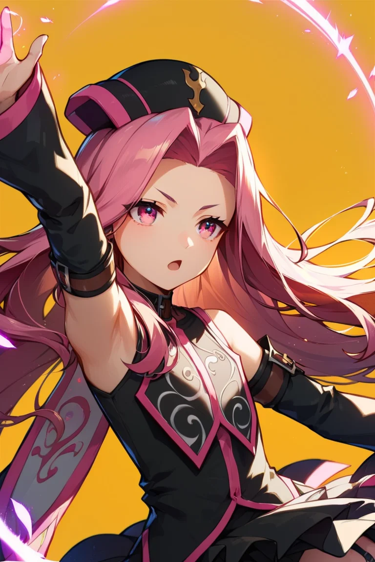 score_9, score_8_up, score_7_up, very aesthetic, source_anime, detailed, high quality, beautiful, masterpiece, detailed eyes,
<lora:lightXL:0.8>
simple background, magic effects,
<lora:action-sdxl-V0.5:1>zdyna_pose
dynamic angle, upper body, close up,
serious, open mouth, dynamic pose, casting spell, looking away,
<lora:arietta_autismConfetti_v01:0.99>flat chest,
1girl, arietta \(tales\), black headwear, pink hair, pink eyes, garter straps, thighhighs, thigh boots, very long hair, zettai ryouiki, detached sleeves, parted hair, frills, black dress,, zPDXL