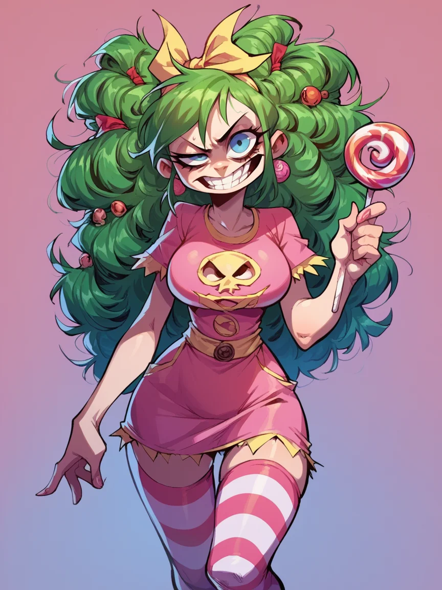 score_9, score_8_up, score_7_up, score_6_up, <lora:sk0tt13yXLP:1> sk0tt13y, 1gir, curvy, long hair, large breasts, green hair, candy