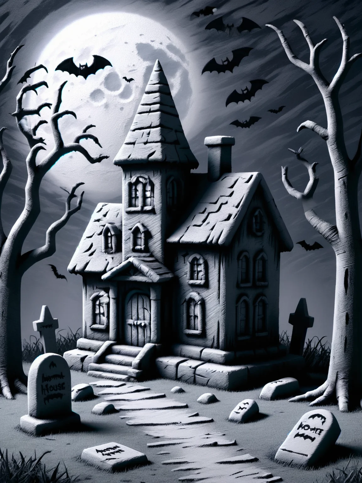 An ais-crayz haunted house, tombstones, bats, trees, shadows, moonlight, eerie <lora:Kids_Crayon_Style_SDXL:1>