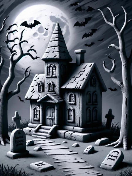 An ais-crayz haunted house, tombstones, bats, trees, shadows, moonlight, eerie <lora:Kids_Crayon_Style_SDXL:1>
