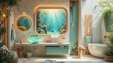 <lora:flux-h34d5-v1.safetensors:1> h34d5
In the heart of a whimsical, enchanted bathroom, the air shimmers with a soft, ethereal glow. The focal point is a breathtaking, translucent turquoise vessel sink, its surface like a window into an underwater wonderland. Colorful tropical fish dart playfully among vibrant coral reefs, their scales reflecting the gentle, pastel hues of the space. Above the sink, a rectangular mirror framed in a delicate peach hue adds a touch of sophistication, its surface reflecting the magical scene below.
The bathroom is a harmonious blend of contemporary elegance and serene charm, with soft tones and wooden accents that lend a warm, inviting feel. The light dances in hues of pastel and gold, casting a shimmering glow that transforms every corner into a scene of enchantment. The wooden accents, from the sleek vanity to the charming stool, are smooth and inviting, as if they too have been touched by the magic of the underwater realm.
Every object in the room, from the towel rack to the soap dispenser, is infused with a sense of whimsy and delight. The towels, a soft, cloud-like texture, drape delicately over the wooden rack, while the soap, scented with a hint of sea breeze, sits in a beautifully crafted dish. The high-resolution photograph captures every detail with crisp clarity, making the space feel both functional and visually captivating, a true haven of aquatic elegance and wonder.