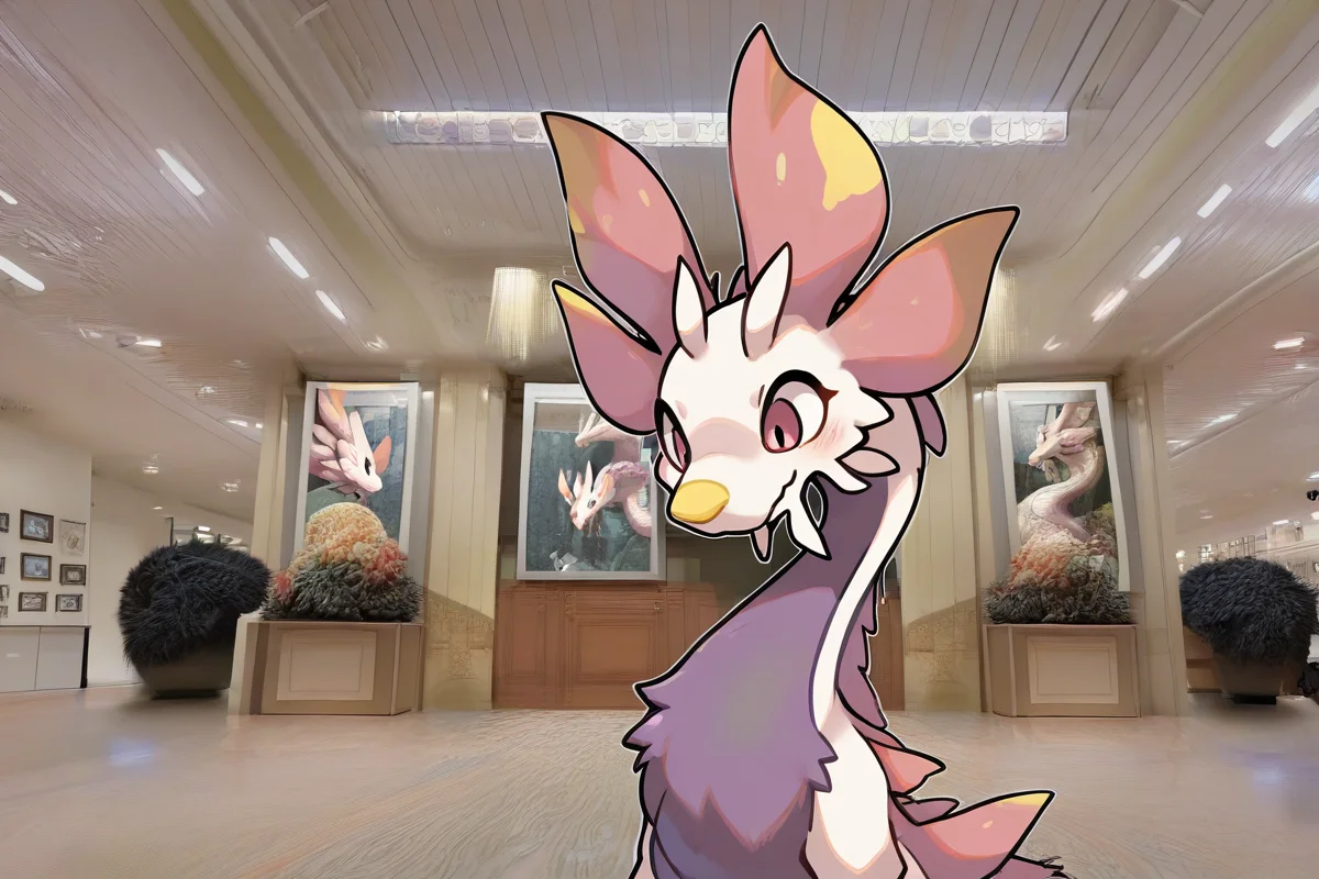 pokemon (creature),animal focus,dragon,chibi,cute,
detail background,art gallery,
detailed background,photo background,photography \(artwork\),inside,
<lora:MIZUTSUNE-ILL-ADAM-V3-000018>,mizu,yellow nose,solo,, masterpiece,best quality,amazing quality,very aesthetic,highres,absurdres,