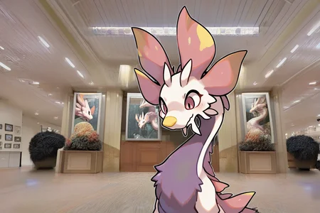 pokemon (creature),animal focus,dragon,chibi,cute,
detail background,art gallery,
detailed background,photo background,photography \(artwork\),inside,
<lora:MIZUTSUNE-ILL-ADAM-V3-000018>,mizu,yellow nose,solo,, masterpiece,best quality,amazing quality,very aesthetic,highres,absurdres,