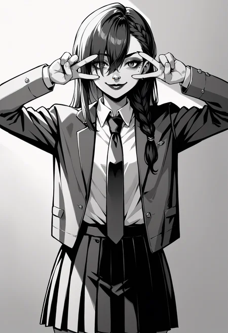 score_9, score_8_up,score_7_up, source_anime, 1girl, solo,
bivgtsav, hands on own face,
<lora:VctryVsgDbl_pdxl_EliPot:1>
blazer, closed mouth, collared shirt, finger to mouth, greyscale, hair between eyes, jacket, long hair, long sleeves, mole, mole under eye, monochrome, necktie, pleated skirt, shirt, skirt, smile, solo, makeup, black lips, black eyeliner, nose piercing, side braid, hair over one eye, punk,