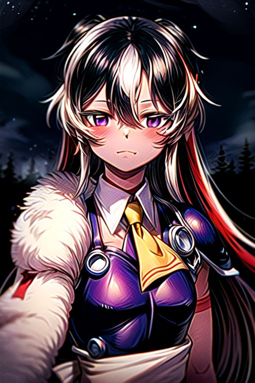 best quality 1girl Setsun4 solo long hair,  (night time) forest background black hair very long hair purple eyes multicolored hair armor, small, (fur trim) (medium body),<lora:EMS-179-EMS:0.800000>,<lora:EMS-293862-EMS:0.800000> bow, hair_bow, hair_tubes, red_bow, brown_hair, long_hair, bangs, ascot, frilled_bow, yellow_ascot, blush, smile, hair_between_eyes, athletic, armor, miko, strengthmda,  Smiling, happy, M43 field cap