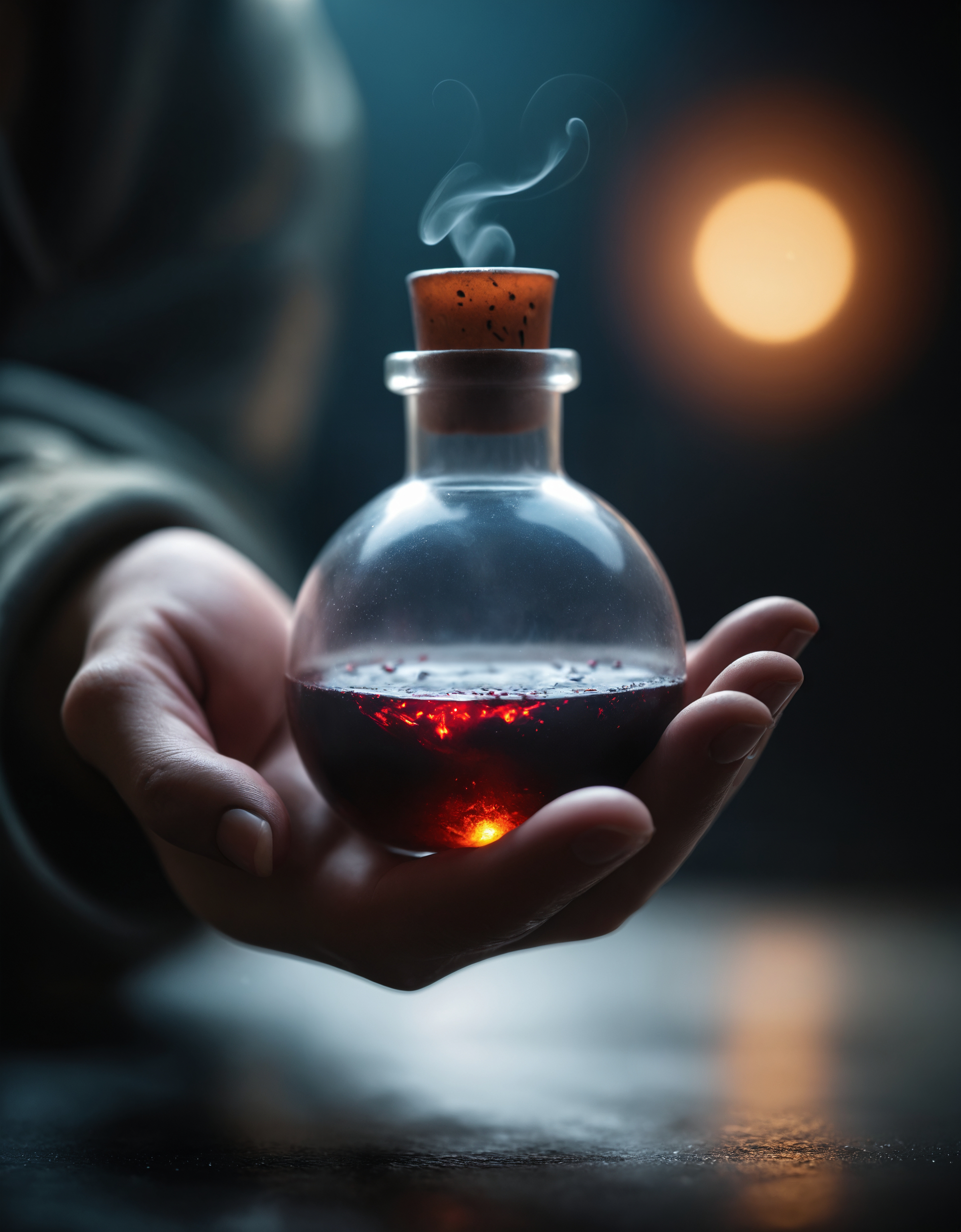 cinematic film still of a person holding a magic potion in their hand, shallow depth of field, vignette, highly detailed, high budget, bokeh, cinemascope, moody, epic, gorgeous, film