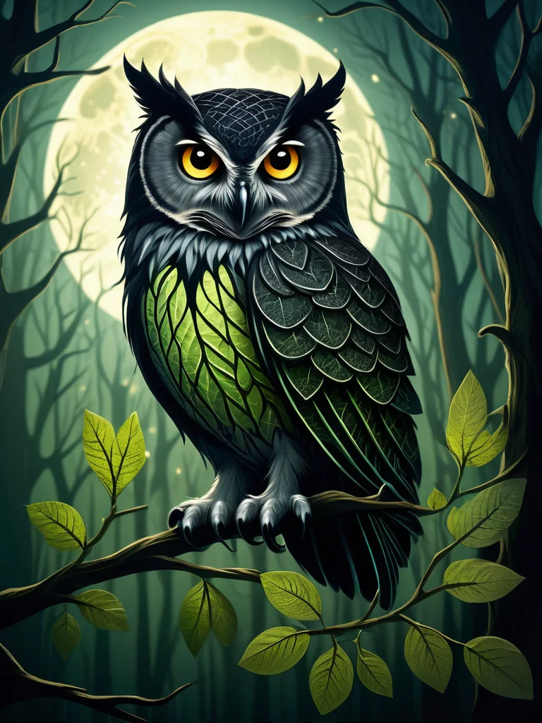 A fascinating artistic depiction of a leaf held against the light, revealing a silhouette of an owl intricately woven into the leaf's vein structure. The background should be a mystical, moonlit forest setting, with soft moonlight and gentle shadows creating an enchanting and serene atmosphere. The owl should appear wise and majestic, with its features perfectly aligning with the natural textures of the leaf, emphasizing the mystical bond between wildlife and the botanical world.
