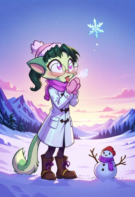 Dreamkeepers,1girl,prelude_lilith,solo,furry,tail,green hair, source_furry,glasses,magenta eyes,
child, kid,
in a fluffy white coat stretches her mittened hands toward the sky, tongue sticking out to catch a falling snowflake. Her boots sink into fresh snow, and her cheeks glow pink from the cold. A stray snowflake lands on her eyelash, making her cross-eyed for a moment. Behind her, a lopsided snowman wears her scarf as a hat, snow, winter_coat, mittens, snowflake, blush, tongue_out, snowman, scarf, cold_breath, flushed_cheeks, boots, dynamic_pose, crossed_eyes, snowy_background