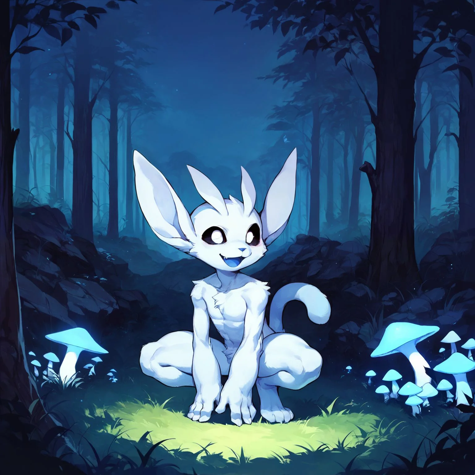 <lora:Ori:0.8> ori, black sclera, white eyes, solo, smile, open mouth, sitting, full body, outdoors, tree, no humans, night, grass, nature, forest, blue theme, mushroom , furry, crouching, spirit, source_anime, source, furry, score_9, score_8_up, score_7_up, score_6_up, score_5_up, score_4_up, ponypositive,