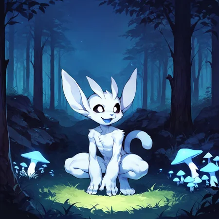 <lora:Ori:0.8> ori, black sclera, white eyes, solo, smile, open mouth, sitting, full body, outdoors, tree, no humans, night, grass, nature, forest, blue theme, mushroom , furry, crouching, spirit, source_anime, source, furry, score_9, score_8_up, score_7_up, score_6_up, score_5_up, score_4_up, ponypositive,