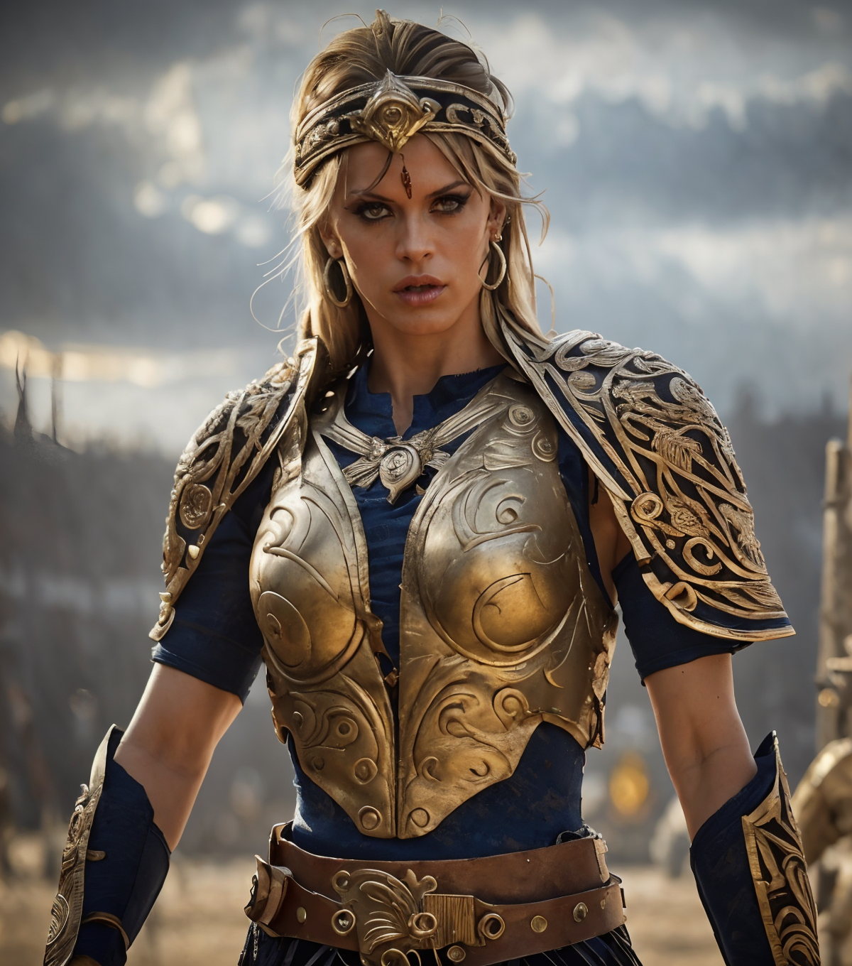 RAW photo, (masterpiece:1.3), subsurface scattering, heavy shadow, (high quality:1.4), (intricate, high detail:1.2), professional photography, HDR, High Dynamic Range, realistic, ultra realistic, photorealistic, high resolution, film photography, ambient lighting, atmospheric effects, <lora:detail_slider_v4:2>, OverallDetail, Amber, <lora:Amber:1>, as a female gladiator, headband, earrings, <lora:Gladiator1:0.58>, armor, intricate metal breastplate!, chest armor, belt, shoulder, cowboy shot, dynamic pose, in an arena <lora:Arena-10:0.6>, epiCPhoto