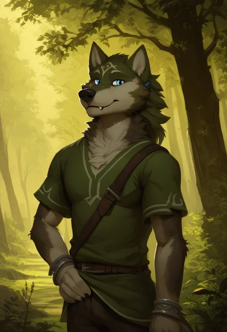 sfw, score_9, score_8_up, score_8, score_7_up, score_7, , , solo, wolf, anthro, anthrofied, link \(wolf form\), 1male, solo, masterpiece, high quality,male, looking at viewer, outdoors, forest, fluffy fur, clothed,