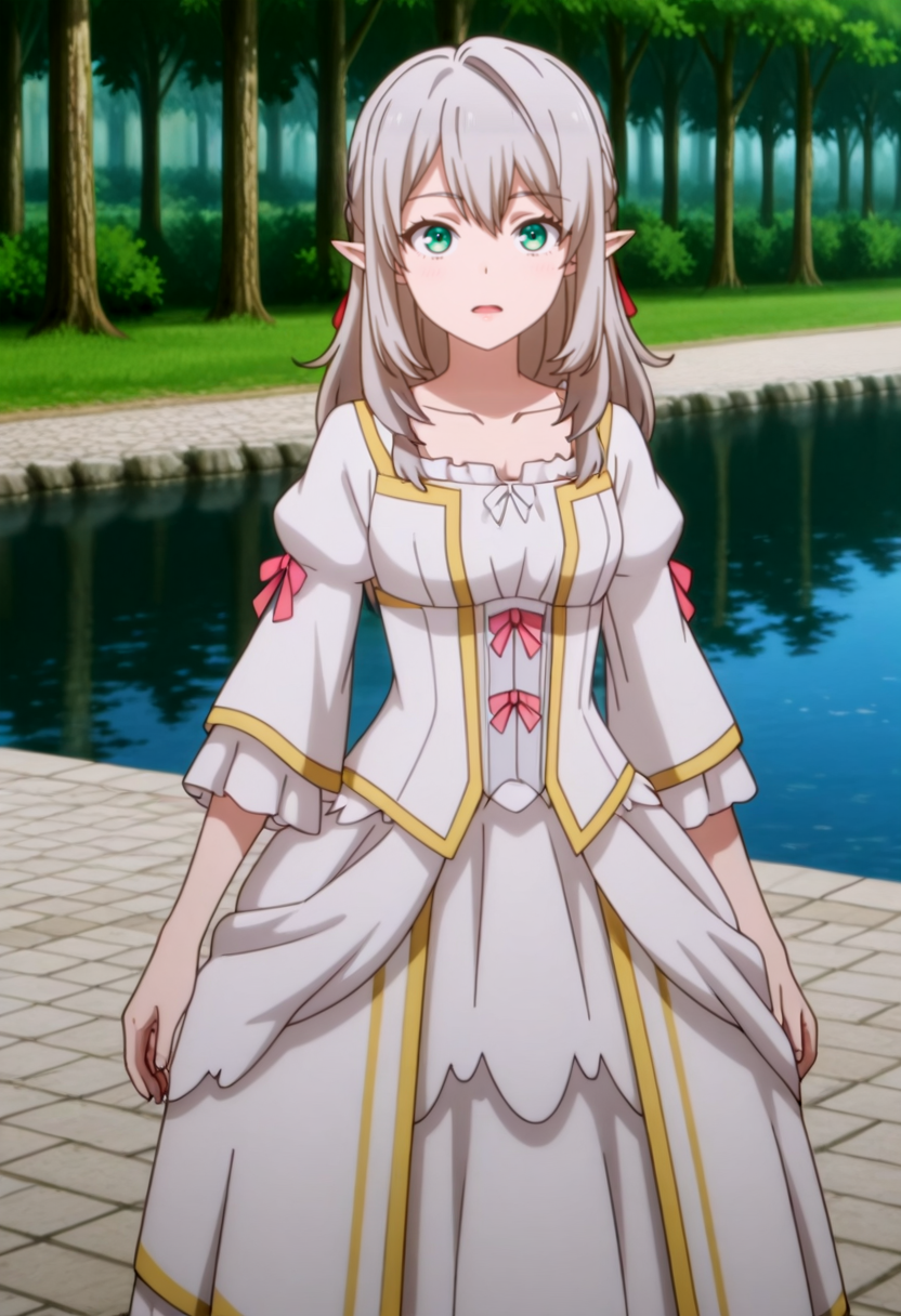 masterpiece,high quality,highres,absurdres,(,,,<lora:Young Tessia_IL:0.8>,,,,Young Tessia,1girl,gray hair,pointed ears,elf,green eyes,,<lora:empress_outfit1:1.1>,,empress_outfit1,masterpiece,best quality,ultra-detailed,(pure white dress:1.3),(gold embroidery:1.2),(pink ribbon accents:1.1),corset-style bodice,lace-up detail,puffed sleeves with gold trim,multi-layered skirt with ruffled hem,soft glowing fabric,volumetric lighting,intricate textures,(high-resolution:1.2),dynamic shading ),forest,river,exposed nick,exposed collarbone,