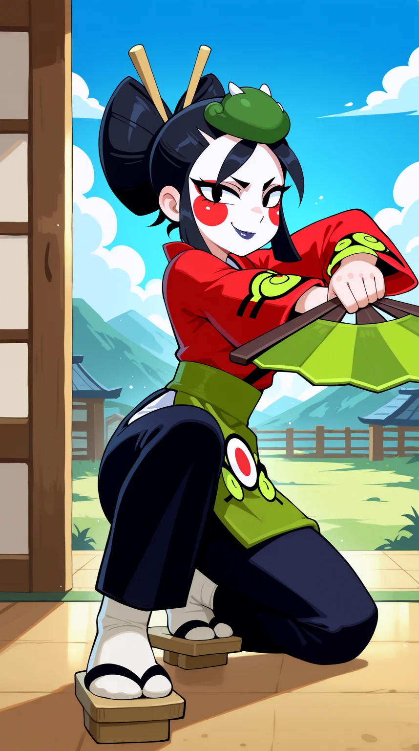 masterpiece, best quality, amazing quality, aesthetic,  absurdres, best quality, 4k, upscale, indoors,sky, landscape, fighting stance, (dynamic pose, foreshortening), kaze, solo, 1girl, black hair, japanese clothes, makeup, black eyes,eyeshadow, smirk, geta, dual wielding, hand fan, red kimono, sandals, apron, looking at viewer, hair stick,  <lora:Kaze_IL:0.8>
