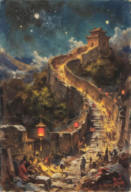 A breathtaking night view of the Great Wall of China, bathed in the warm glow of traditional Chinese lanterns. The ancient stone walls stretch into the distance, illuminated by rows of red and gold lanterns, casting flickering light onto the path. A deep blue night sky, speckled with twinkling stars, forms the backdrop. A mystical mist drifts around the base of the wall, enhancing the dreamlike atmosphere. The lanterns sway gently in the cool evening breeze, creating a scene of historical grandeur and tranquil beauty. DB4RZ, DB4RZ style painting, painting, The image is a painting from Carl Spitzweg inbetween, The painting is done in between a realistic and impressionistic style