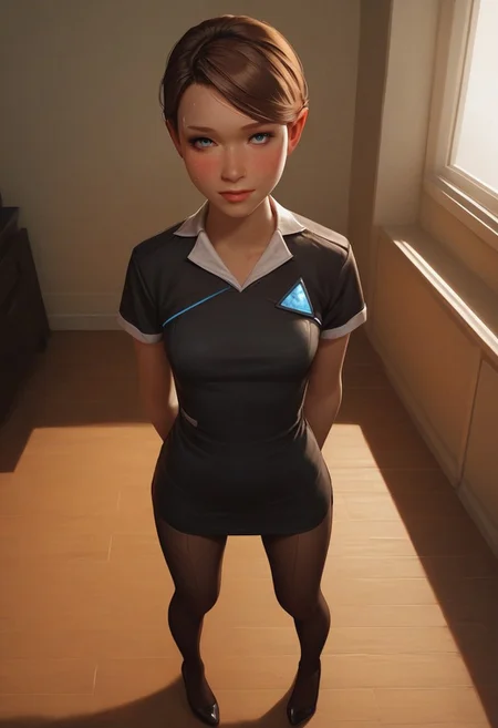 score_9, score_8_up, score_8_up, godrays,1girl, living room, blush, sweat, expressiveh, used, standing, sexy legs, sexy pose, thigh gap, legs apart, happy, pantyhose, full body view, medium breast, petite body, skinny, view from above, 1girl, short hair, brown hair, blue eyes, lips, dress, pants, short sleeves
