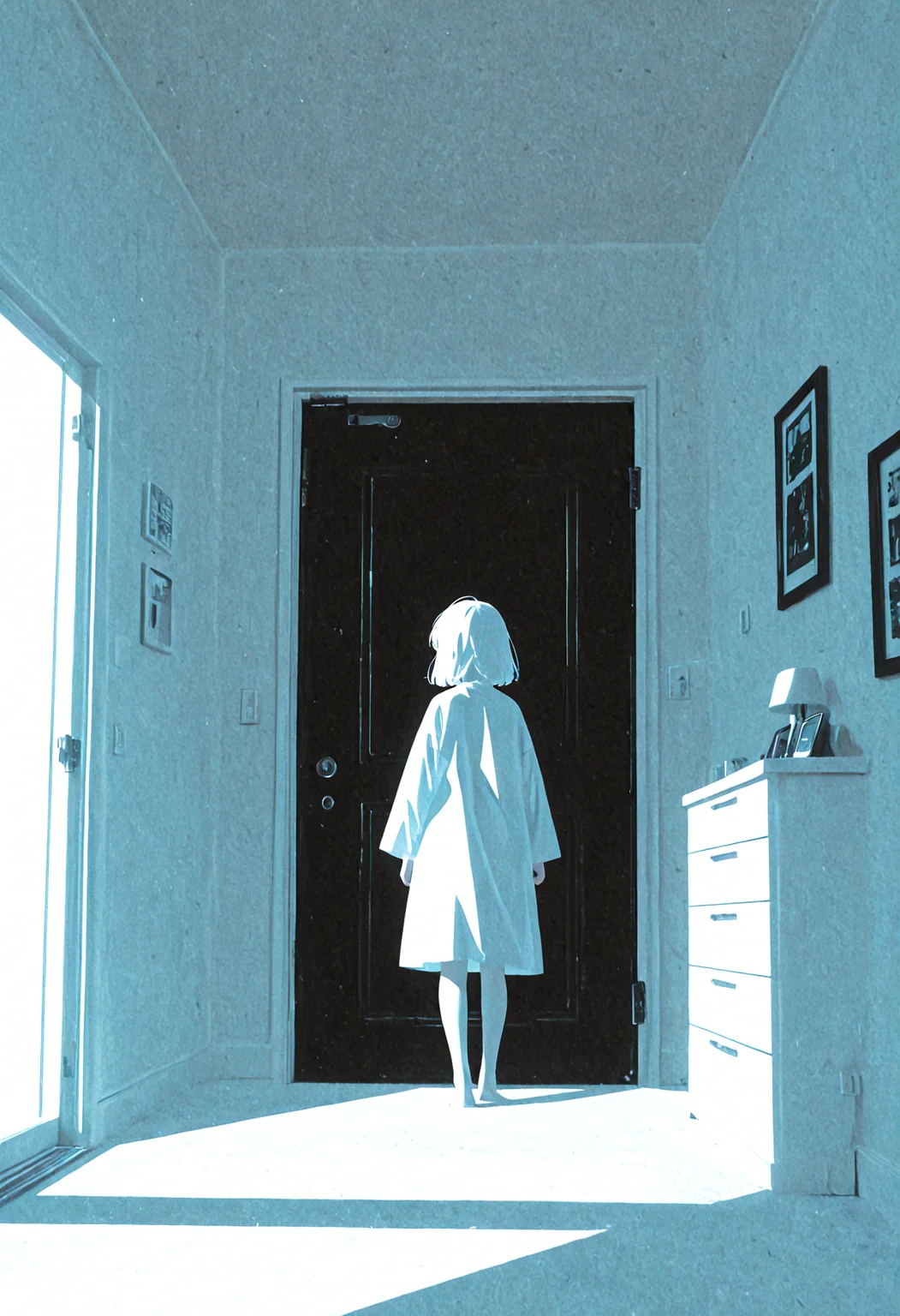 1girl, wide shot, from behind, open door, (flat lighting, flat color, flat design, no lineart:1.4), monochrome, film grain, spot color, local color adaptation, white theme, masterpiece, best quality, amazing quality, very aesthetic, absurdres, newest,