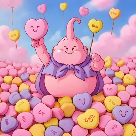 ethereal fantasy concept art of goodbuu zapping small candy people with his antenna, happy expression, small people made from candyhearts, cute mini people made from candyhearts, magnificent, celestial, ethereal, painterly, epic, majestic, magical, fantasy art, cover art, dreamy
