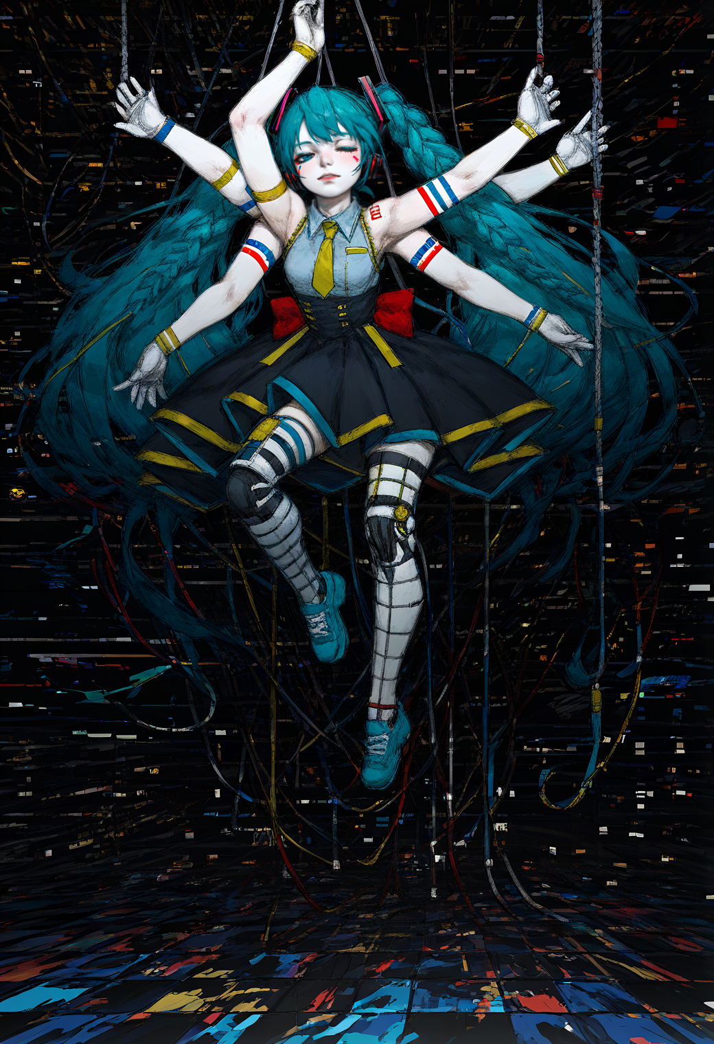 score_9, score_8_up, score_7_up, score_6_up, source_anime, motherland_chronicles, tktrad, tkstyle, dark theme, dutch angle, hatsune miku, braid, aqua hair, long hair, dynamic pose, marionette, hanging with puppet strings, hanging, suspension, arms up, (extra arms, extra legs:1.1), half-closed eyes, cyborg, one eye closed, glitch aesthetic, datacenter interior, multiple monitors, vaporwave coloring, best quality, masterpiece, amazing quality, best aesthetic, absurdres, <lora:tkstyle_pony-9-000023:1.5>