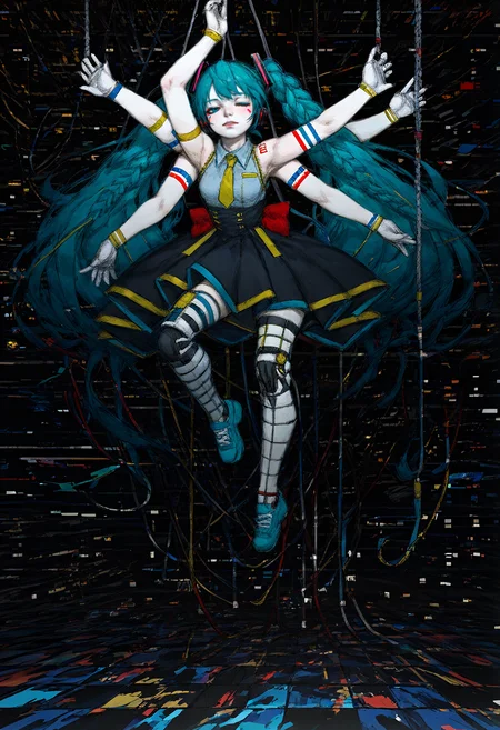 score_9, score_8_up, score_7_up, score_6_up, source_anime, motherland_chronicles, tktrad, tkstyle, dark theme, dutch angle, hatsune miku, braid, aqua hair, long hair, dynamic pose, marionette, hanging with puppet strings, hanging, suspension, arms up, (extra arms, extra legs:1.1), half-closed eyes, cyborg, one eye closed, glitch aesthetic, datacenter interior, multiple monitors, vaporwave coloring, best quality, masterpiece, amazing quality, best aesthetic, absurdres, <lora:tkstyle_pony-9-000023:1.5>