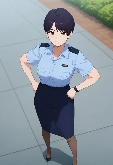 masterpiece, best quality, amazing quality, 1girl, solo, honokaww, mature female, brown eyes, black hair, short hair, asymmetrical bangs, medium breasts, military uniform, blue collared shirt, short sleeves, wristwatch, dark blue pencil skirt, long skirt, pantyhose, pumps, high heels, <lora:Suzunagi_Honoka_Bravern_ill_v11:0.9>, standing, hands on hips, legs apart, smirk, sharp eyes, outdoors, skindentation, detailed clothing folds, depth of field, sharp, high contrast, dynamic light
