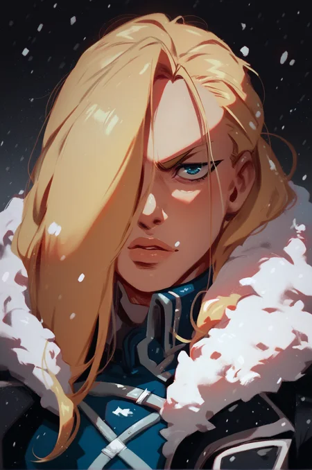 1girl,  <lora:Olivier Mira Armstrong Pony XL:0.8>, olivier_mira_armstrong, military uniform, hair over one eye, upper body, detailed background, snow, score_9, score_8_up, score_7_up,, zPDXL
