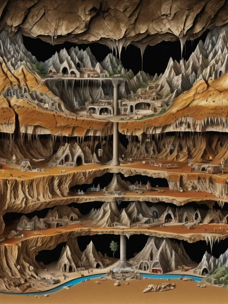 diagram of caves under a mountain, csu, cross-section, from the side, underground, burrow, fantasy landscape, national geographic, best quality, masterpiece, award winning photo,