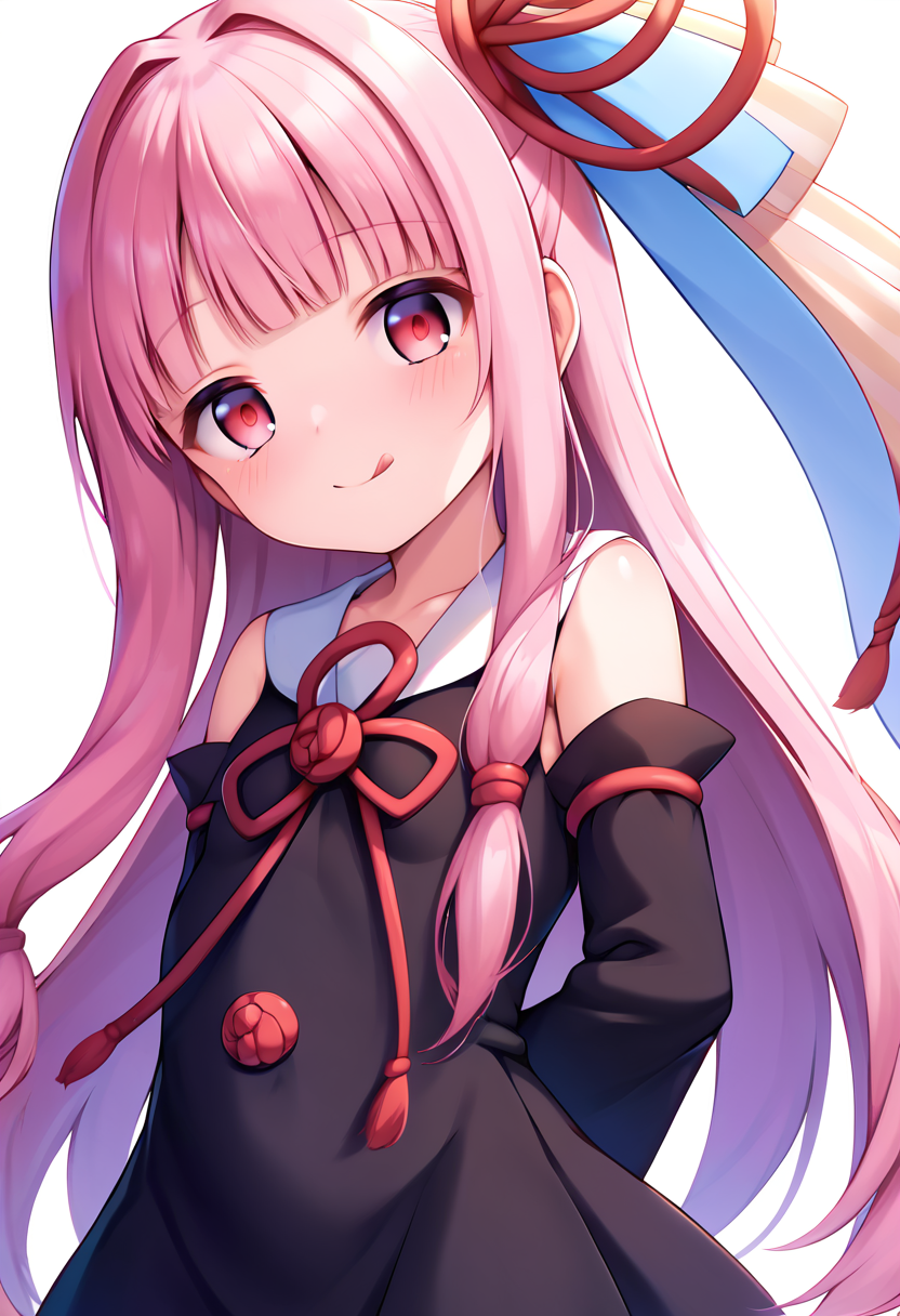 score_9, score_8_up, score_7_up, score_6_up, score_5_up, score_4_up, source_anime, 
BREAK,
 <lora:kotonoha_akane_ponyXL_v1:1> kotonoha akane, long hair, pink hair, ribbon, red eyes, blunt bangs, sidelocks, black dress, detached sleeves, looking at viewer, standing, white background, arms behind back, tongue out, :P,