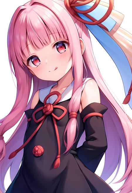 score_9, score_8_up, score_7_up, score_6_up, score_5_up, score_4_up, source_anime,
BREAK,
<lora:kotonoha_akane_ponyXL_v1:1> kotonoha akane, long hair, pink hair, ribbon, red eyes, blunt bangs, sidelocks, black dress, detached sleeves, looking at viewer, standing, white background, arms behind back, tongue out, :P,