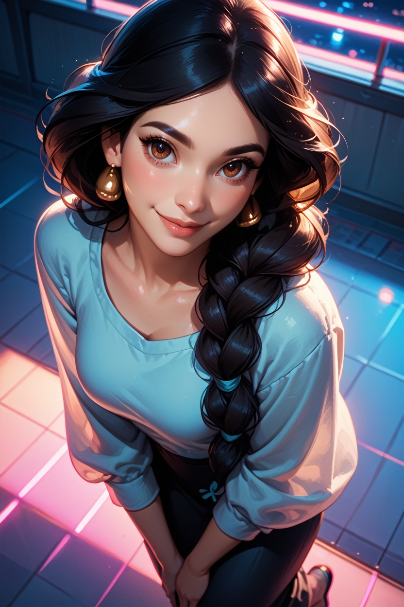 score_9, score_8_up, score_7_up,
<lora:DisyneyJasmine:0.8>
DisyneyJasmine, 1girl, black hair, brown eyes, braid, long hair, looking at viewer, dancing in a empty disco floor, smiling, (from above-view), with pink and blue neon lights, at night in Tokyo, cinematic light