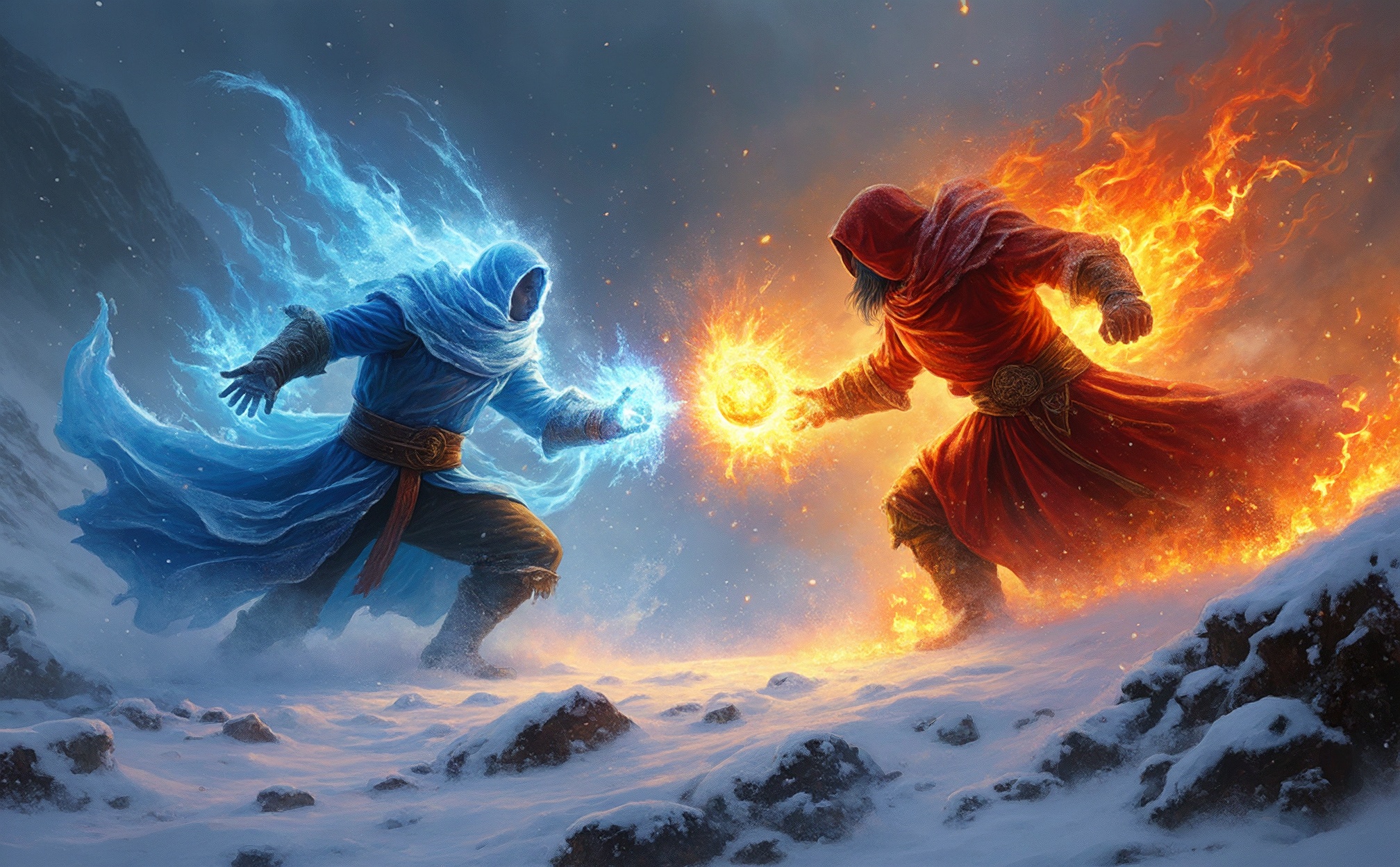 A dramatic and visually stunning fantasy scene depicting an intense battle between a frost mage and a fire mage. The frost mage is shrouded in icy blue robes, their hands glowing with cold energy, and surrounded by a swirling aura of snow and ice. Opposite them, the fire mage is engulfed in flames, with fiery red and orange robes, radiating intense heat, and holding a blazing fireball. The two mages are locked in a fierce confrontation, their powers clashing in the center, creating a spectacular explosion of ice and fire. The background is a rugged, snow-covered landscape, with dark, stormy skies filled with embers and snowflakes. The scene is full of dynamic energy and contrasts, with the icy blues and fiery reds highlighting the opposing elements of the mages.