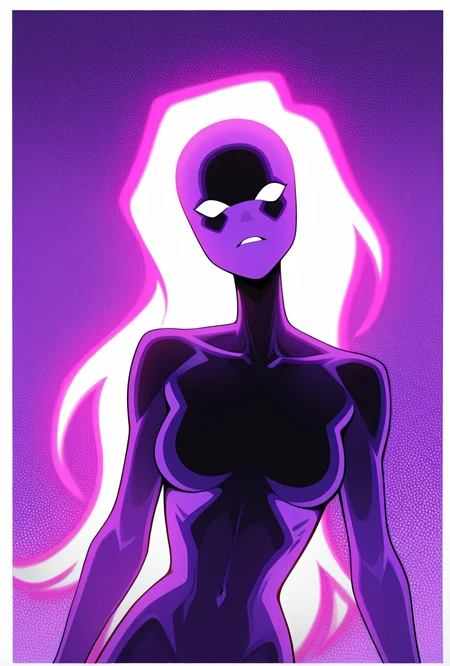 <lora:anodite-10:1> anodite, colored skin, no pupils, blank eyes, very long hair, breasts, glowing hair, forehead, purple body, black body, dynamic pose, purple background, purple outlne, facing viewer, very aesthetic, absurdres, newest, waist, leaning to side,, upper body, halftone effect, white borders, abstract background:1.2,
