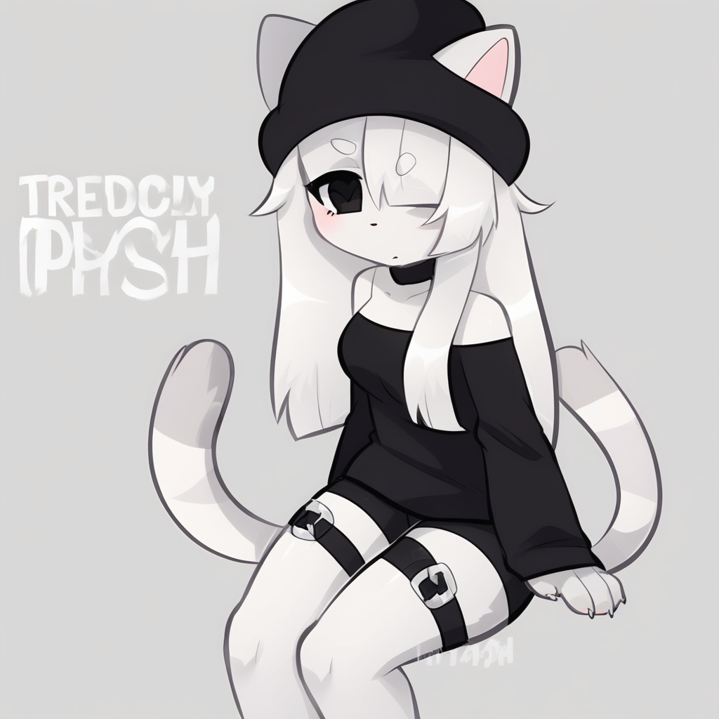 plain white background with minimal text, seated posture, straight hairstyle with bangs, young adult, matching black shorts, large black eyes, and arm sleeves, short white hair with soft, wearing a black beanie and a sleeveless black top, accessorized with a choker and thigh strap, anthropomorphic female cat, wearing an off-the-shoulder black sweater with a small heart detail, simple gray background with no additional details