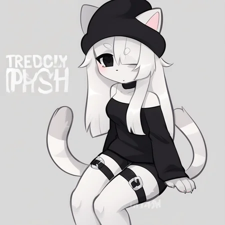 plain white background with minimal text, seated posture, straight hairstyle with bangs, young adult, matching black shorts, large black eyes, and arm sleeves, short white hair with soft, wearing a black beanie and a sleeveless black top, accessorized with a choker and thigh strap, anthropomorphic female cat, wearing an off-the-shoulder black sweater with a small heart detail, simple gray background with no additional details