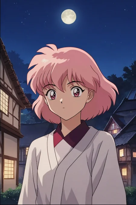 score_9, score_8_up, score_7_up, source_anime, rating_safe, intricate details, looking at viewer, , 1girl, pink eyes, pink hair, frohawk, ,, solo, cowboy shot, town, suburbs, night, full moon, jumping, sparkling eyes, <lora:inuyasha_style_pony:0.84>, inuyasha_style, , <lora:sdxl_lightning_8step_lora:1>