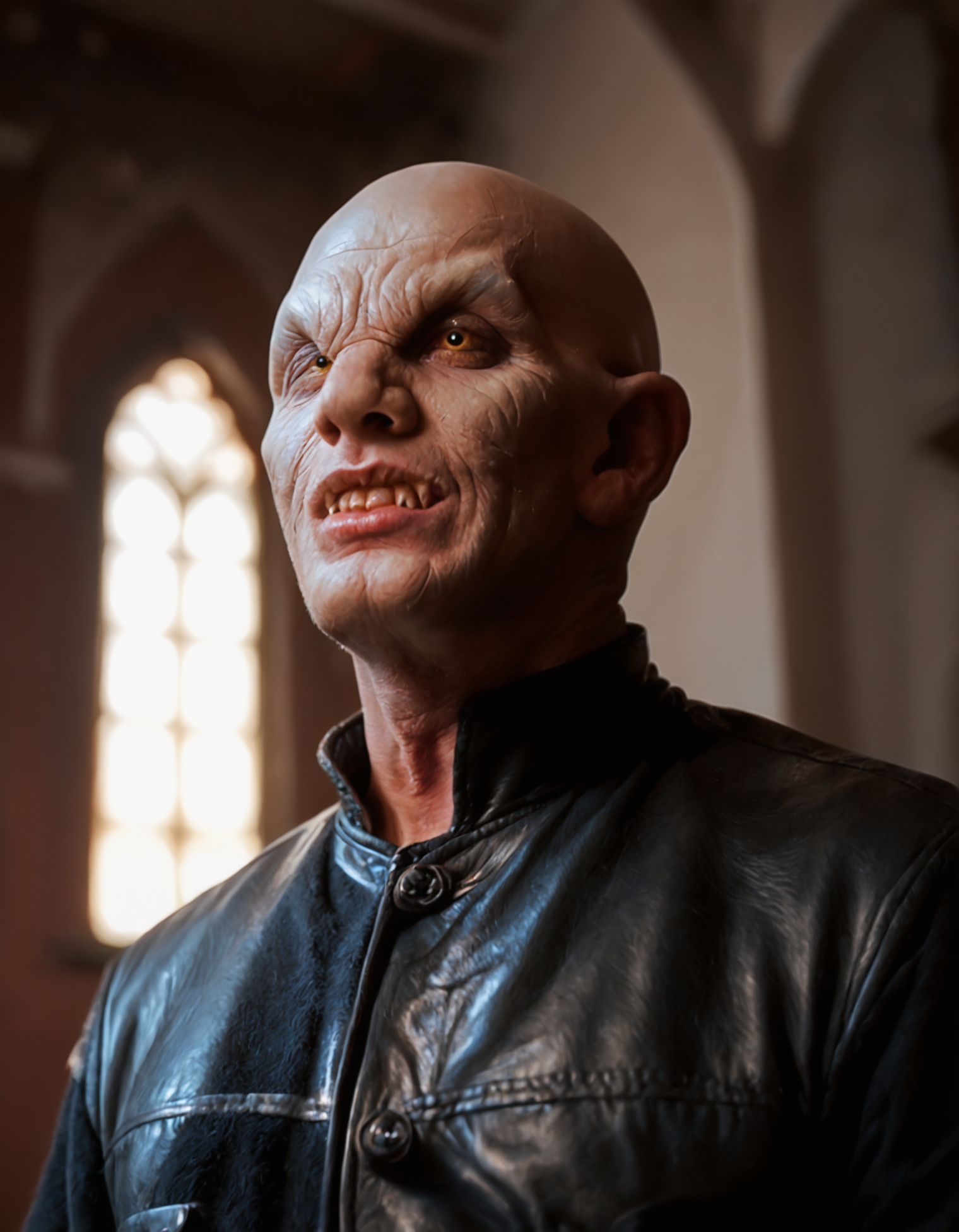 score_9,score_8_up,score_7_up,vmp,1boy,them4ster,leather outfit,bald,realistic skin,from below,portrait,yellow eyes,teeth,fangs,solo focus,looking at viewer,photo,realistic,dramatic lighting,chiaroscuro,depth of field,cinematic,cemetery,standing