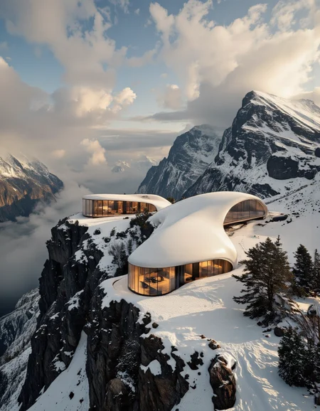 A photo-realistic shoot from a bird's eye view about a futuristic, curved, white pod-like structure situated on a snowy mountain peak, surrounded by a misty valley with snow-capped mountains in the background. the pod is situated in the middle of the image, with a serene and idyllic atmosphere. the sky is filled with fluffy, white clouds, and the lighting is soft and warm, casting gentle shadows on the snow-covered mountain. the building itself is a sleek, modern design with large, curved windows that allow natural light to filter through, creating a warm and inviting ambiance. the overall effect is one of serenity and tranquility, inviting the viewer to step into the world of the pod.