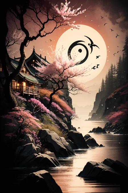 <lora:Calligraphy-ink-style-darquelilly-v1:1> calligraphyinkstyle, ying and yang, cherry blossoms, volumetric lighting, night time, moonlight black background