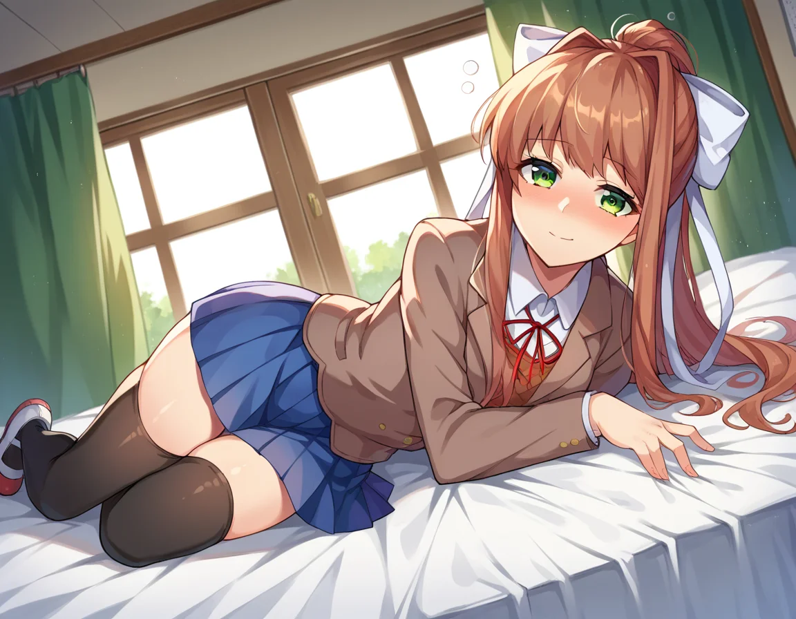 score_9, score_8_up, score_7_up, source_anime,
ddlcmonika, <lora:ddlc-monika-ponyxl-lora-nochekaiser:1>
ddlcmonika, blunt bangs, brown hair, green eyes, long hair, ponytail, ribbon, white ribbon, hair ribbon, sidelocks,
black thighhighs, blue skirt, brown jacket, jacket, long sleeves, mary janes, over-kneehighs, pleated skirt, school uniform, shoes, skirt, thighhighs, zettai ryouiki
indoors, bed, bed room, on side, blush, drunk,
looking at viewer, dutch angle, cowboy shot,