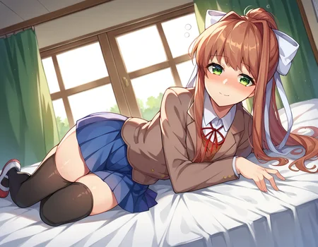 score_9, score_8_up, score_7_up, source_anime,
ddlcmonika, <lora:ddlc-monika-ponyxl-lora-nochekaiser:1>
ddlcmonika, blunt bangs, brown hair, green eyes, long hair, ponytail, ribbon, white ribbon, hair ribbon, sidelocks,
black thighhighs, blue skirt, brown jacket, jacket, long sleeves, mary janes, over-kneehighs, pleated skirt, school uniform, shoes, skirt, thighhighs, zettai ryouiki
indoors, bed, bed room, on side, blush, drunk,
looking at viewer, dutch angle, cowboy shot,