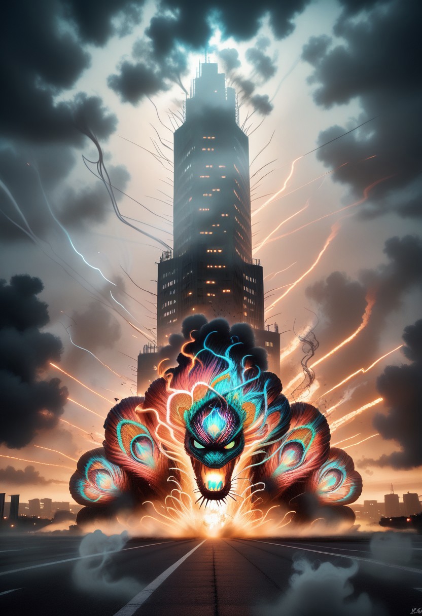 Peacock, snake peacock:1.2, intense action, (smoke and fog:1.1), dramatic lighting, cityscape, dynamic poses, high detail, cinematic, tension-filled atmosphere, vibrant colors, explosive energy.