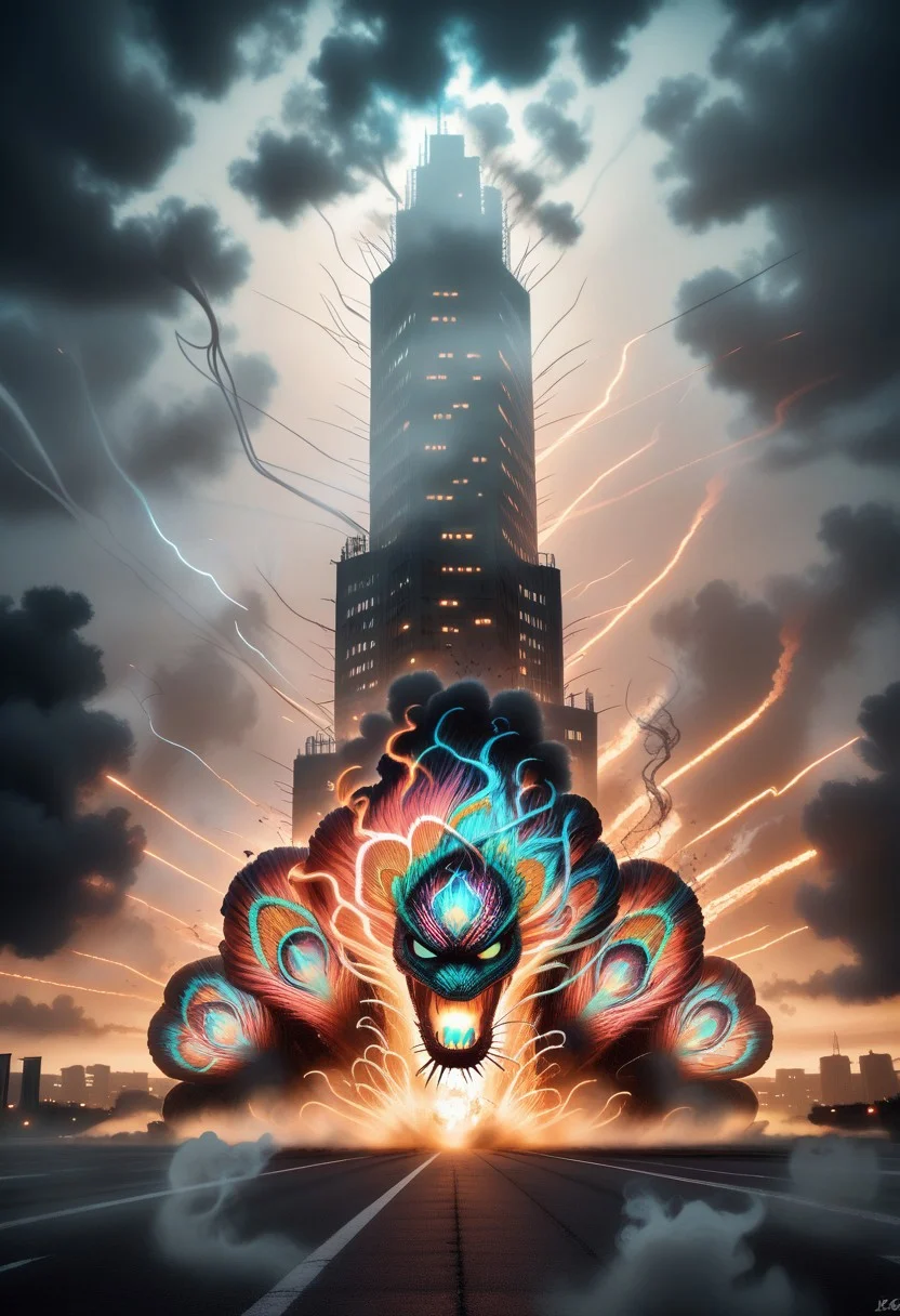 Peacock, snake peacock:1.2, intense action, (smoke and fog:1.1), dramatic lighting, cityscape, dynamic poses, high detail, cinematic, tension-filled atmosphere, vibrant colors, explosive energy.