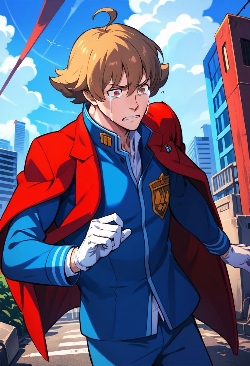 score_9, score_8_up, score_7_up, source_anime, Eustace Winner,solo,gloves,long sleeves,1boy,school uniform,jacket,male focus,outdoors,sky,day,pants,cloud,tears,white gloves,blue sky,crying,building,red jacket,crying with eyes open,city,jacket on shoulders,blue pants,