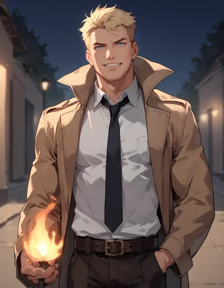 score_9, score_8_up, score_7_up, score_6_up, score_5_up, male focus, <lora:John_Constantine_-_Pony_2-000010:0.7>, john_c, blonde hair, light blue eyes, thick stubble, tan trench coat, white collared shirt, black necktie, belt, dark brown pants, cowboy shot, outdoors, night, smirk, spellcasting, fire, holding