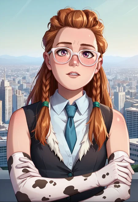 score_9, score_8_up, score_7_up, source_anime, mrls, idemitsu, uncensored,
1girl, solo, aly, long hair, multiple braids, freckles, hair ornament, necktie, top, fur trim, buttoned shirt, (glasses, bucktoothed, tooth_gap, nerdy), (cow_print, cow_print_elbow_gloves:1.4), looking up at you,
detailed background, office, workplace, cityscape, dawn