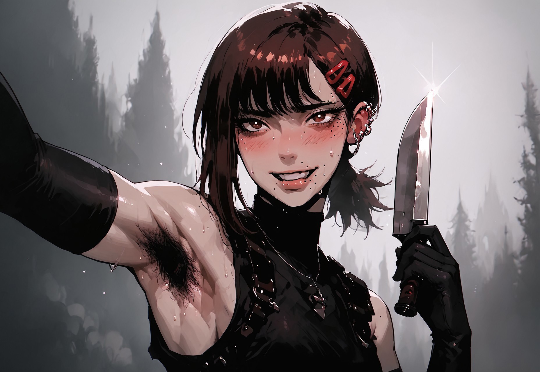 safe_pos, safe_pos, score_9, score_8_up, score_7_up, source_anime, kobenidef, mole under eye, mole under mouth, single sidelock, short ponytail, hairclip, brown hair, brown eyes,  shoulder holster, utility belt, wearing_nbu, black gloves, elbow gloves, black thighhighs, holding combat knife, 1girl,  piercings,  toned, excessive pubic hair,  hairy stomach, hairy armpits, happy trail, slender, thin, skinny, embarrassed, blushing, sexy posing, sweating, <lora:KLK_NudistBeach-IL:0.8>