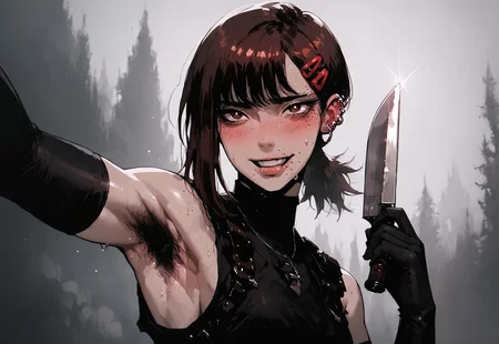 safe_pos, safe_pos, score_9, score_8_up, score_7_up, source_anime, kobenidef, mole under eye, mole under mouth, single sidelock, short ponytail, hairclip, brown hair, brown eyes,  shoulder holster, utility belt, wearing_nbu, black gloves, elbow gloves, black thighhighs, holding combat knife, 1girl,  piercings,  toned, excessive pubic hair,  hairy stomach, hairy armpits, happy trail, slender, thin, skinny, embarrassed, blushing, sexy posing, sweating, <lora:KLK_NudistBeach-IL:0.8>