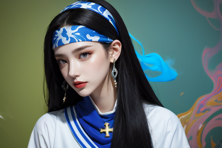 highly insanely detailed, masterpiece, top quality, best quality, highres, 4k, 8k, RAW photo, (very aesthetic, beautiful and aesthetic),  
beth_\(megami_tensei\),bethsmtii,shin megami tensei ii,long hair,black hair,straight hair,sleek black,jewelry,cross,headband,red_lipstick,Blue_dress,armored_corset,blue shirt,bandana_with_messian_symbol,Religious_bandana,symbol_headband,messian_church_bandana,messian_cross_earrings,cross_earrings,religious_earrings,messian_symbol_jewelry, 
<lora:zs_Beth:0.3>, 
(1girl:1.3), 1other, 
camouflage green background,tangerine background,(psychedelic color background,colored smoke background,colored marble background:1.2),âââ