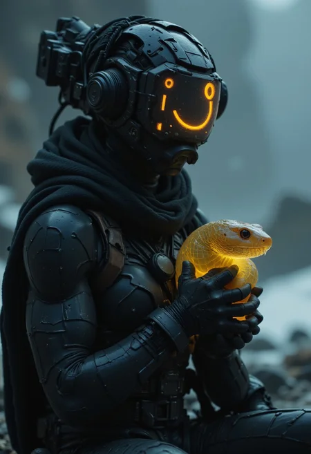 a cyber snake information scout dressed in dark mechanical armor, equipped with advanced visual devices that cover the face with a glowing display - an ascii art smiley face is visible on the screen. Holding a realistic and detailed giant translucent rainworm, The bleaked dystopian light-blue-grey and black background accentuates the silhouette of the scout, with detailed gear and wires extending from the armor, blending seamlessly with the surrounding. The overall style exudes a futuristic and tech-driven atmosphere. translucent in the style of ck-mgs,