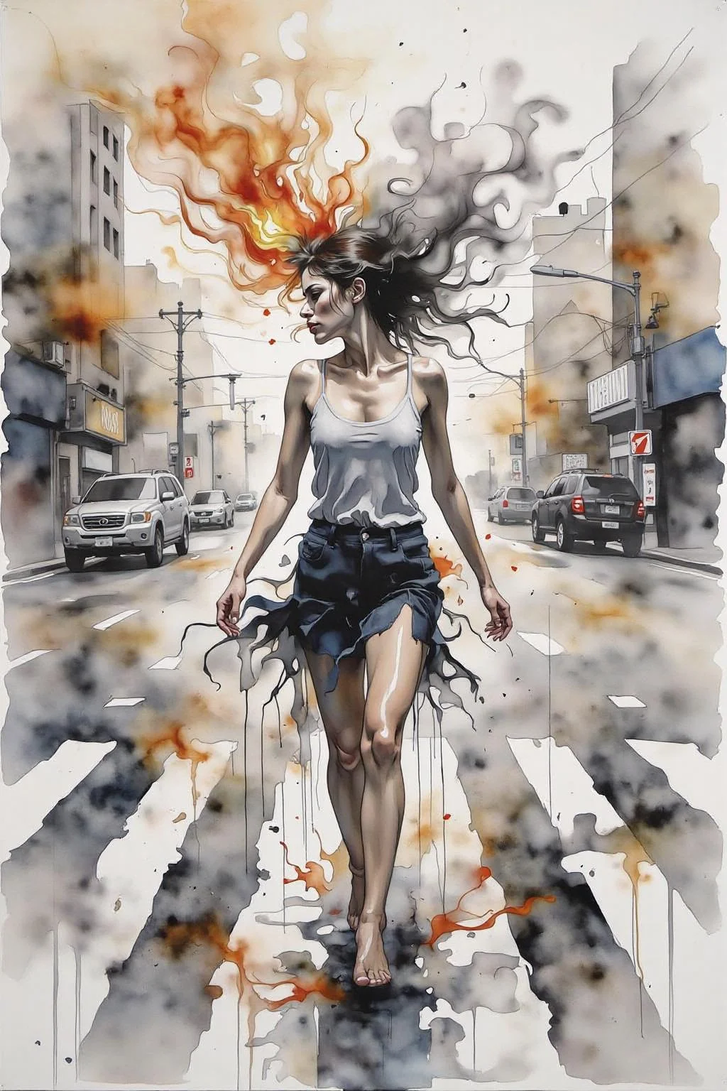 yawc1 watercolor. Fantasy artwork. Profile of a woman with long black hair walking across the street at zebra crossing. Her hair is on fire, with black Smoke coming out of her head. <lora:yawcolor_nocap1_d4a2:1.0> <lora:Flux-Sch-SingleBlocks-BF16:1.0><lora:799523899193913610:0>